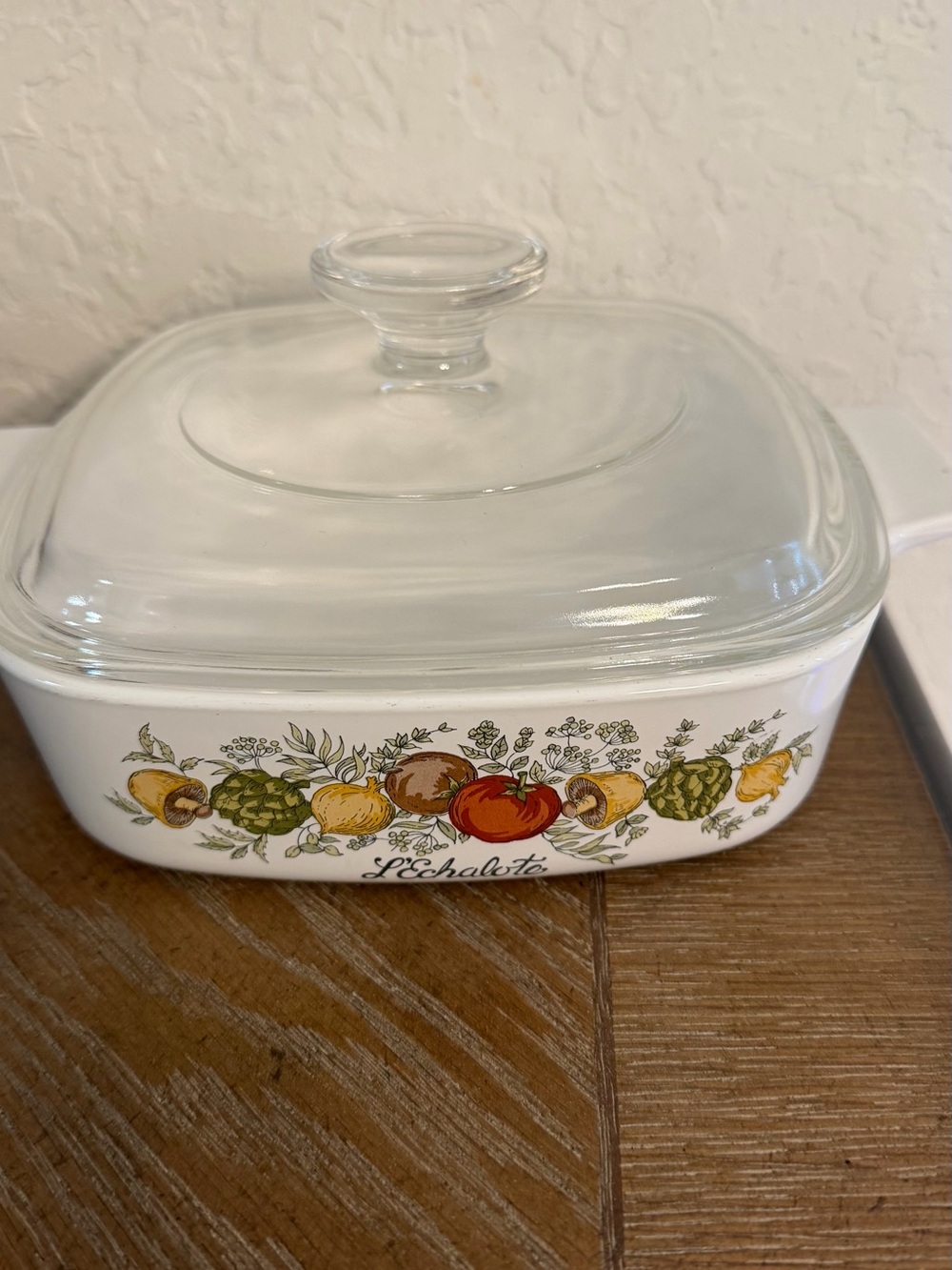 White Ceramic Covered Casserole Dish with Vegetable Motif